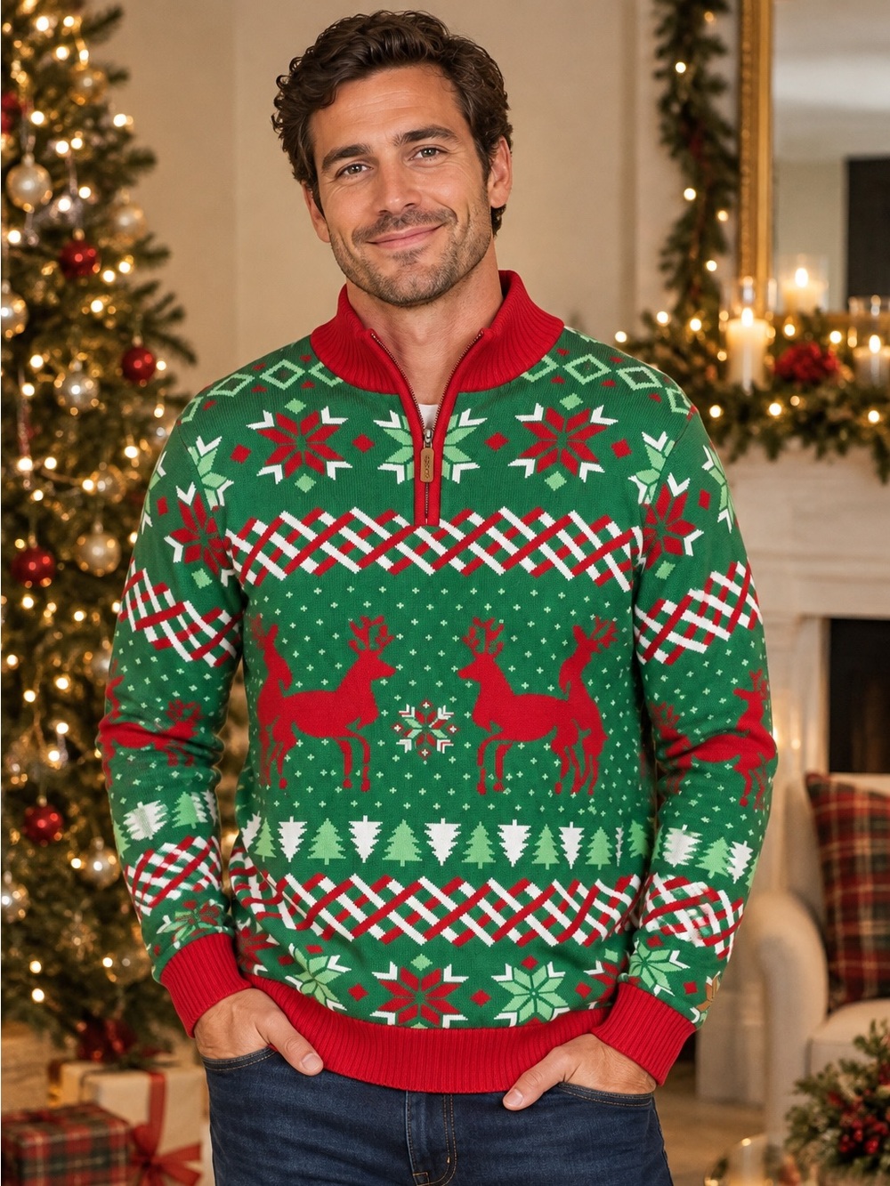 Tipsy Elves Green and Red Ugly Christmas Reindeer Half-Zip Holiday Sweater